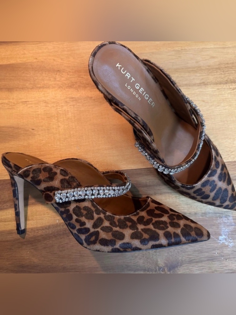 Kurt Geiger London Duke Leopard Calf Hair Crystal Mule Heels Size 9.5 EU 40.5
